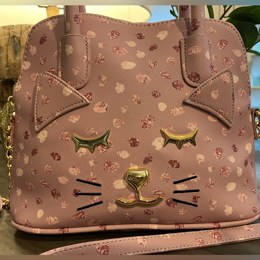 Betsey Johnson Pink Cat Domed Handbag with Crossbody Strap